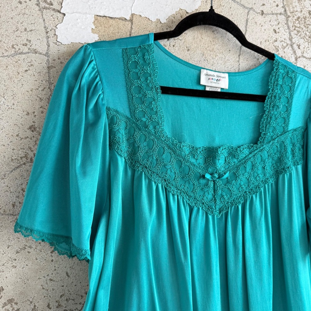 Vtg Nightgown Teal Nylon Lace Empire Waist Amanda Stewart Nightie‎ L Romantic - Picture 2 of 8